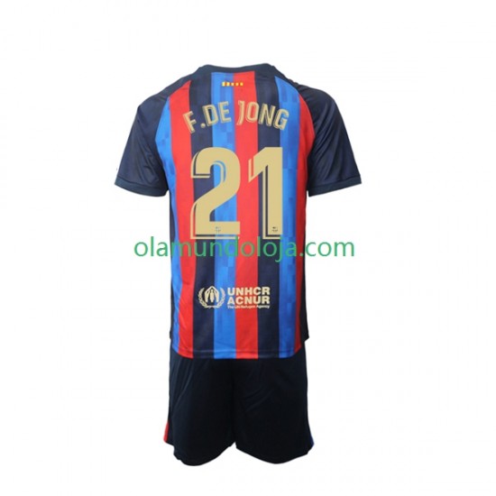 Camisola FC Barcelona Frenkie de Jong 21 Criança Equipamento Primeiro 2022-2023 Manga Curta